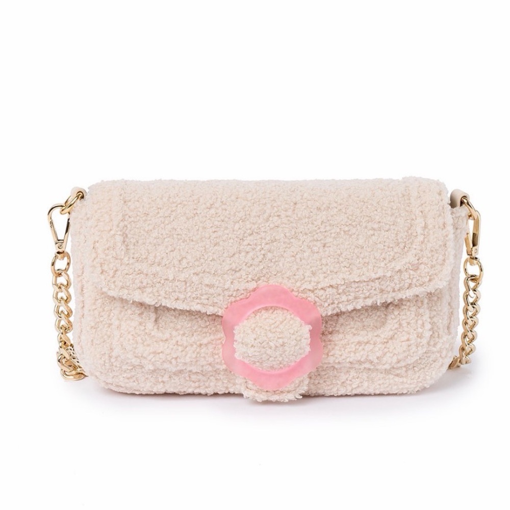 Skinnydip London Phebes Borg Fluff Bag Cream with Pink Flower Detail NWT